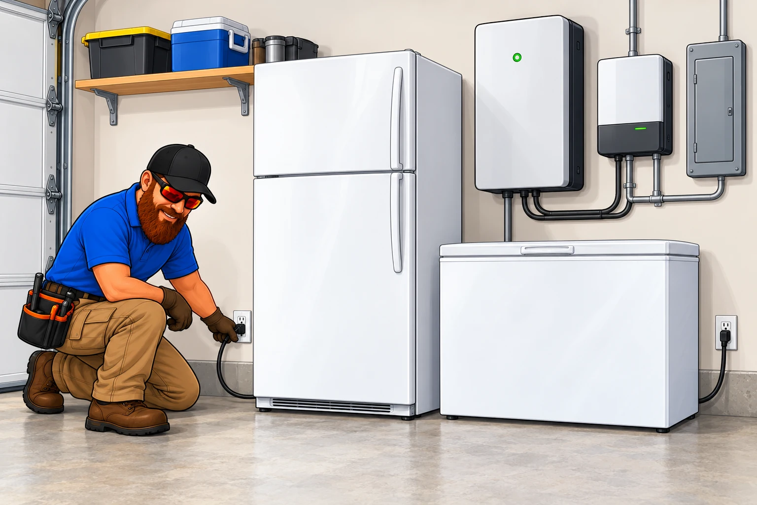 Illustration: the K2 crew connects a garage refrigerator beside a chest freezer and wall battery backup