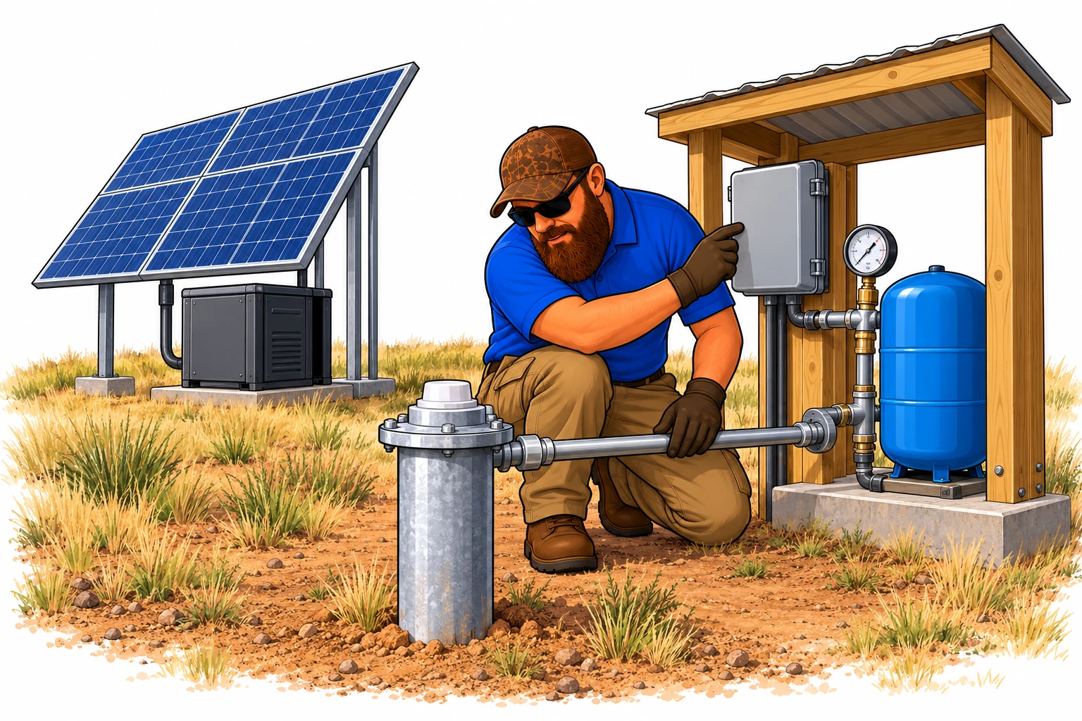 Illustration: the K2 crew checks a rural well controller beside a pressure tank and solar backup system
