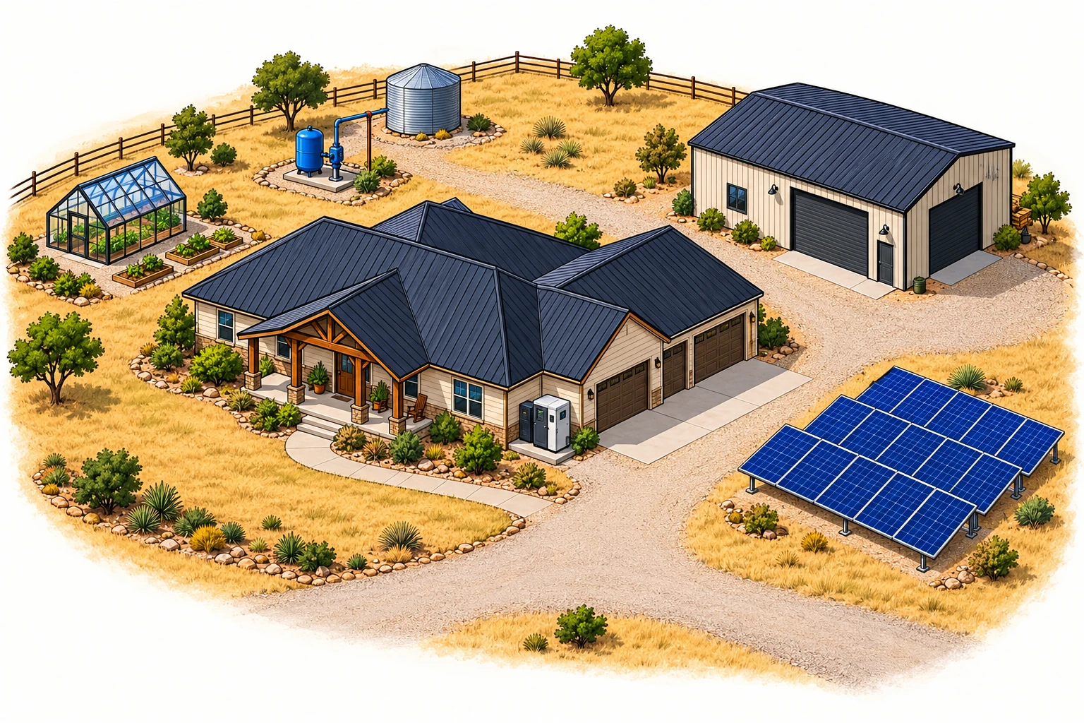 Overhead illustration of a rural home, workshop, greenhouse, well and ground-mounted solar array