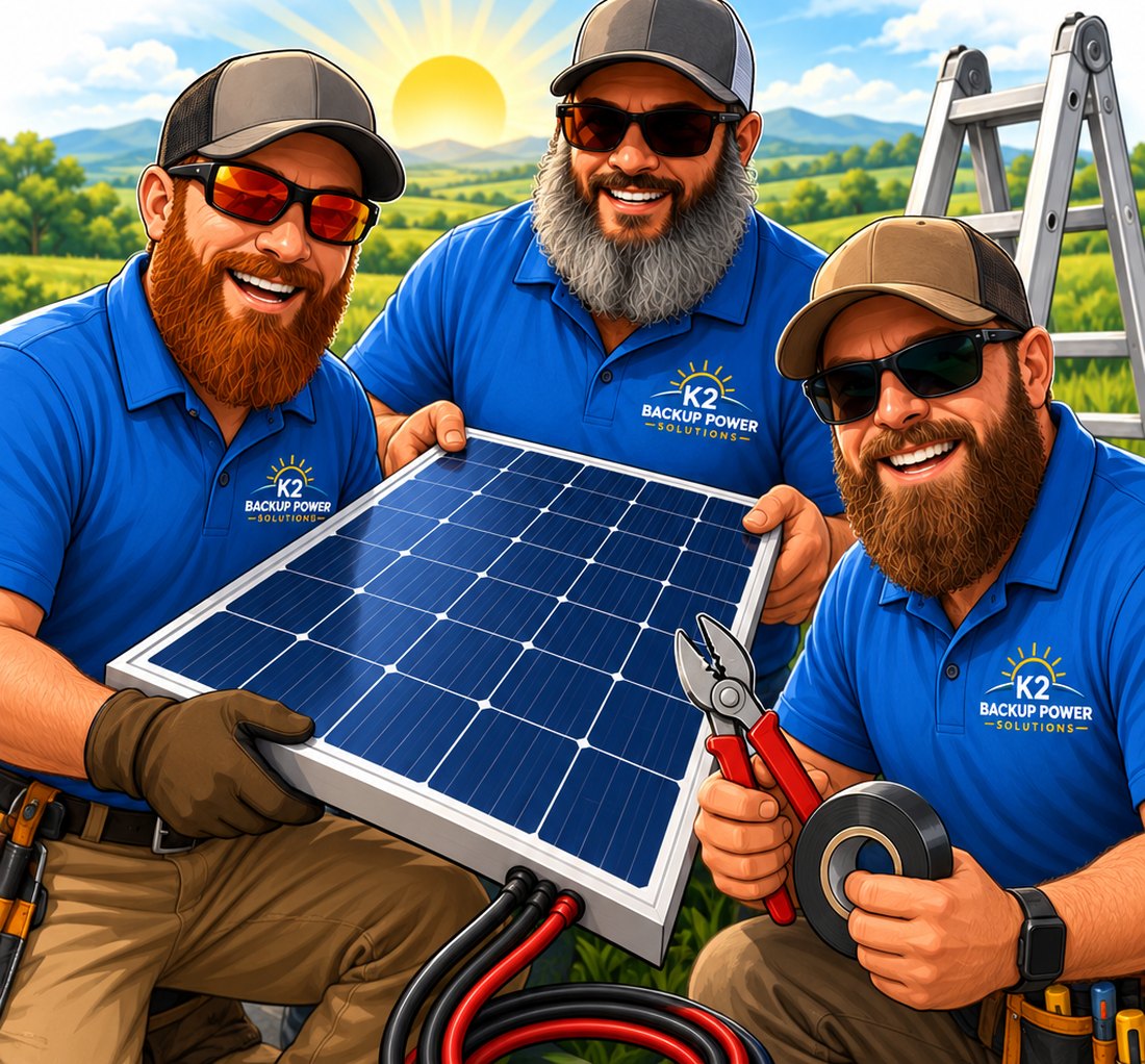 K2 Backup Power Solutions crew illustration, left to right: Kenn, James and Allan, with a solar panel and hand tools