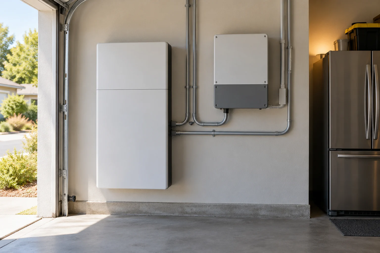 Illustrative garage scene with closed, unbranded battery and inverter enclosures beside a refrigerator