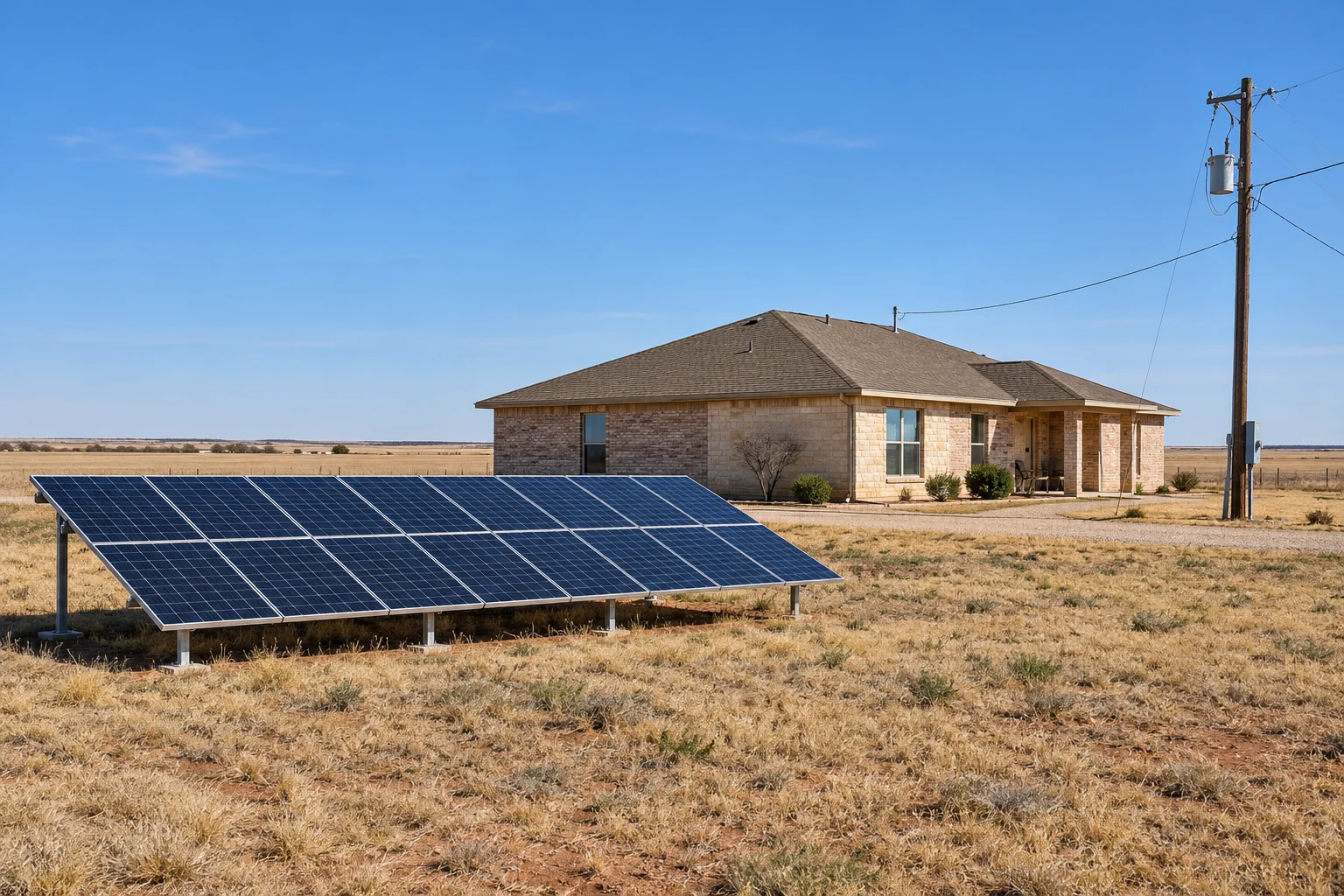 Concept scene of a home with a ground-mounted solar array and visible utility service