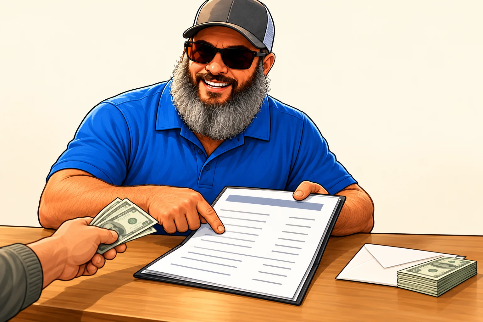 James from the K2 crew reviews an itemized quote, with a payment and a separate envelope representing possible money back