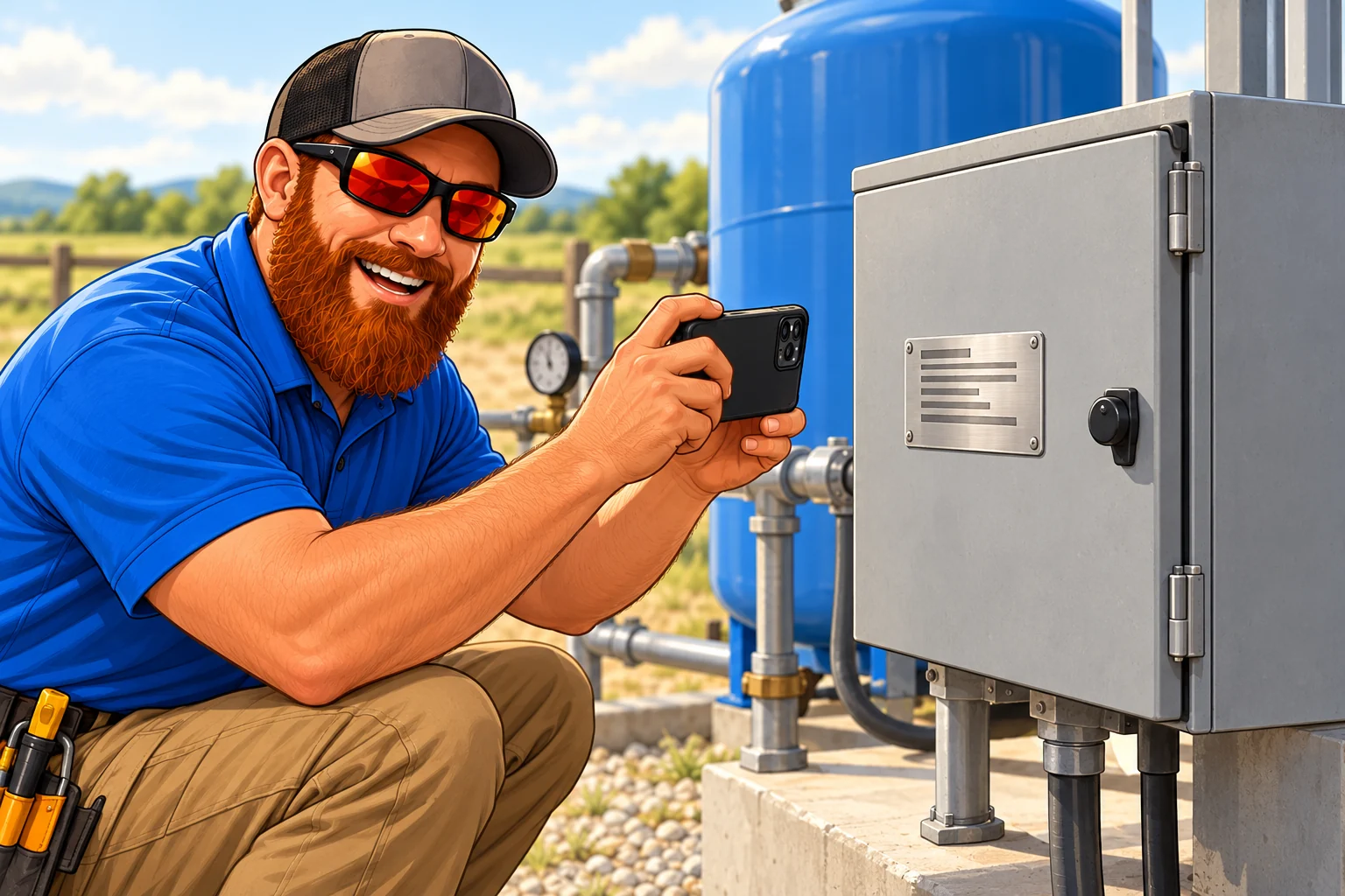 Illustration of Kenn photographing a well-control enclosure nameplate while the cabinet stays closed