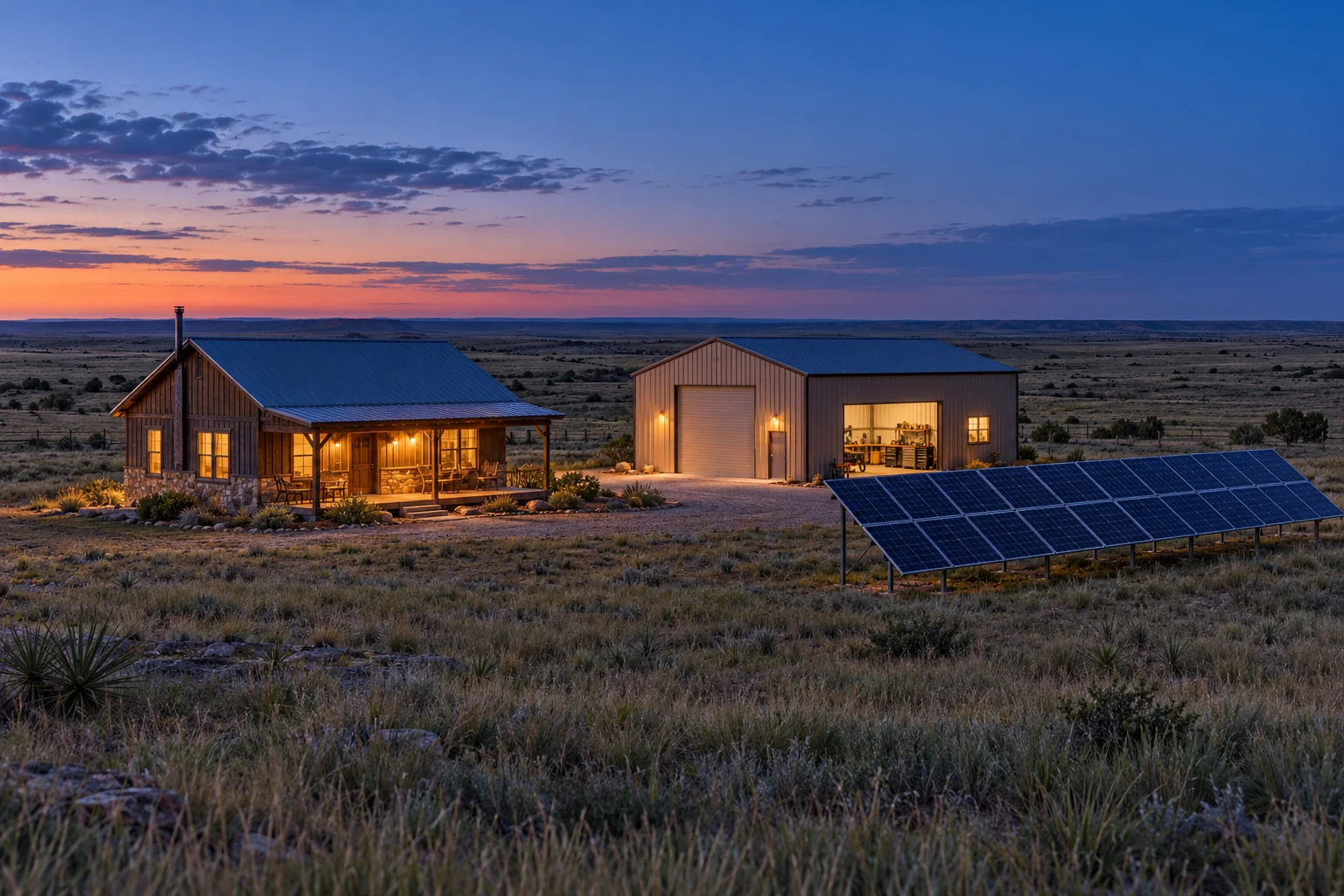 Concept scene of a remote ranch cabin and shop at dusk beside a ground-mounted solar array
