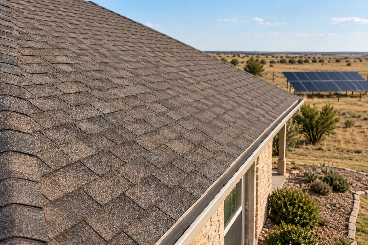 Illustrative close view of an intact home roof, with a separate ground-mounted solar array in the yard
