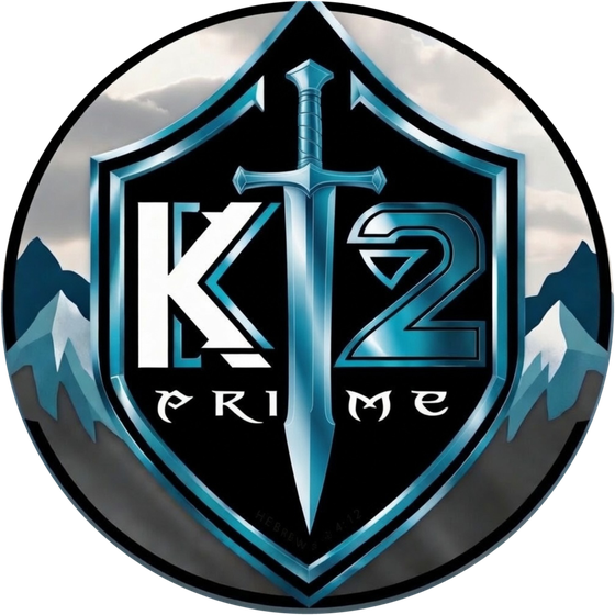 K2 Prime emblem: a shield bearing a cross, set against mountain peaks, established 2023